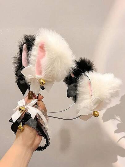 2pcs/1pc Halloween Costume Prop Lolita Maid Cat Ear Headband Hairband Bell Bow Hair Accessories Cosplay Anime Cat Ear Headband Collar Cute Cat Bell Hairband Party Photo Props