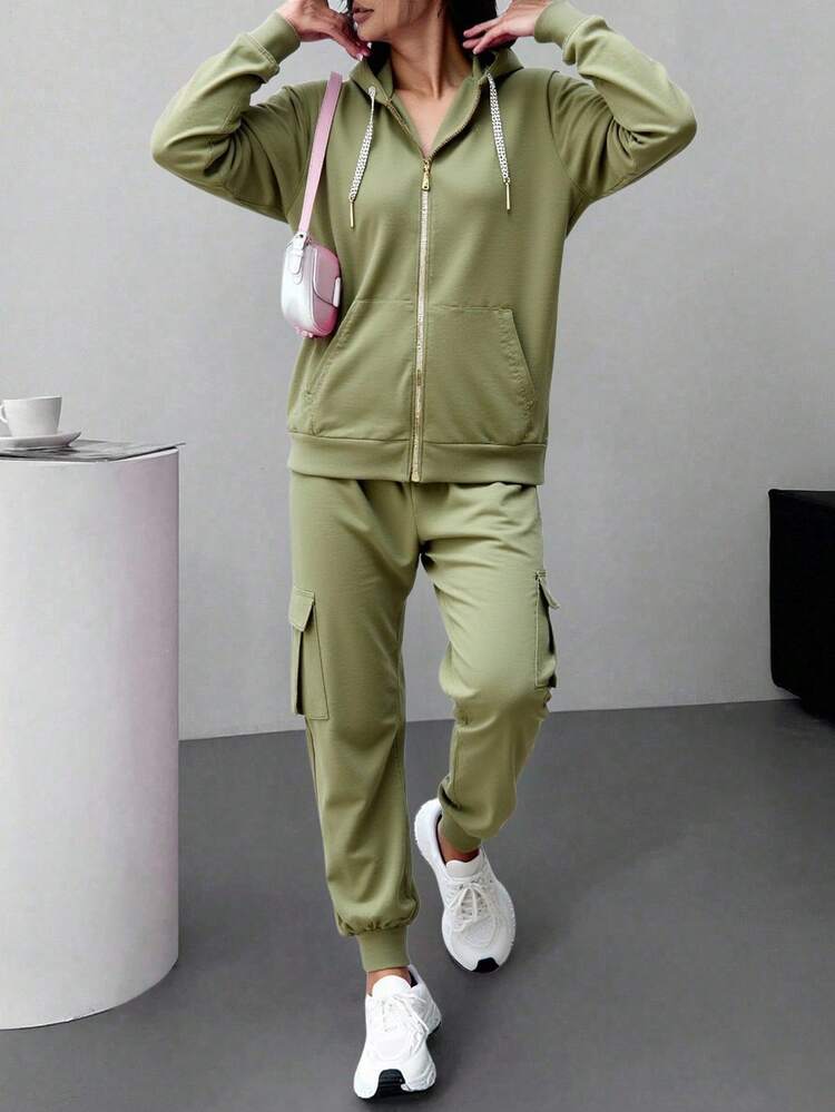 Sudadera Con Capucha De Manga Larga Con Cierre  Y Pantalones Con Bolsillo De Solapa, Traje Deportivo - Verde Oliva - Añade 1