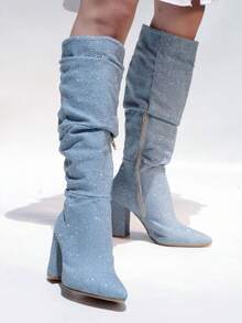 Nuevas botas altas de montar de tacón grueso con punta puntiaguda y cremallera lateral, versátiles para mujer, de moda europea y americana, para otoño/invierno colores únicos  Cowboy    Cremallera lateral    comodas  primavera,verano,otoño - Azul - Ver 2