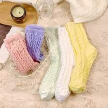 5 Pairs Of Macaron Mixed-Color Cable-Knit Socks: Soft & Elevate Your Daily Looks - 5 Pairs - 查看 5