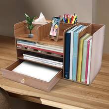 Desk Organizer With Adjustable File Holder, Mail Organizer Worktop With Drawer, 4-Tier Desktop Organization And Desk Accessories For Home Office School Supplies, Wooden File Folder - 櫻桃木色 - 查看 6