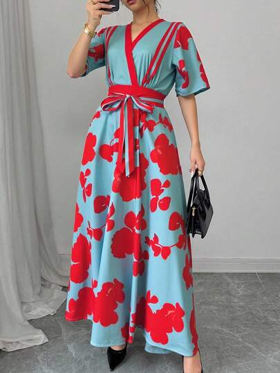 1pc Women's Floral Print Casual Elegant Party Dress, Woven Fabric With Belt, Long Maxi Dress Suitable For Holiday, Office, Home, Garden, Travel, Summer Vacation