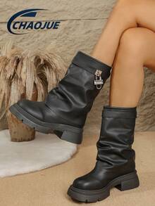 新款女式及膝靴，时尚尖头皮革粗跟及膝靴，适合搭配连衣裙，黑色和白色可选，舒适的西部牛仔翻边靴，百搭英伦风休闲高跟马靴