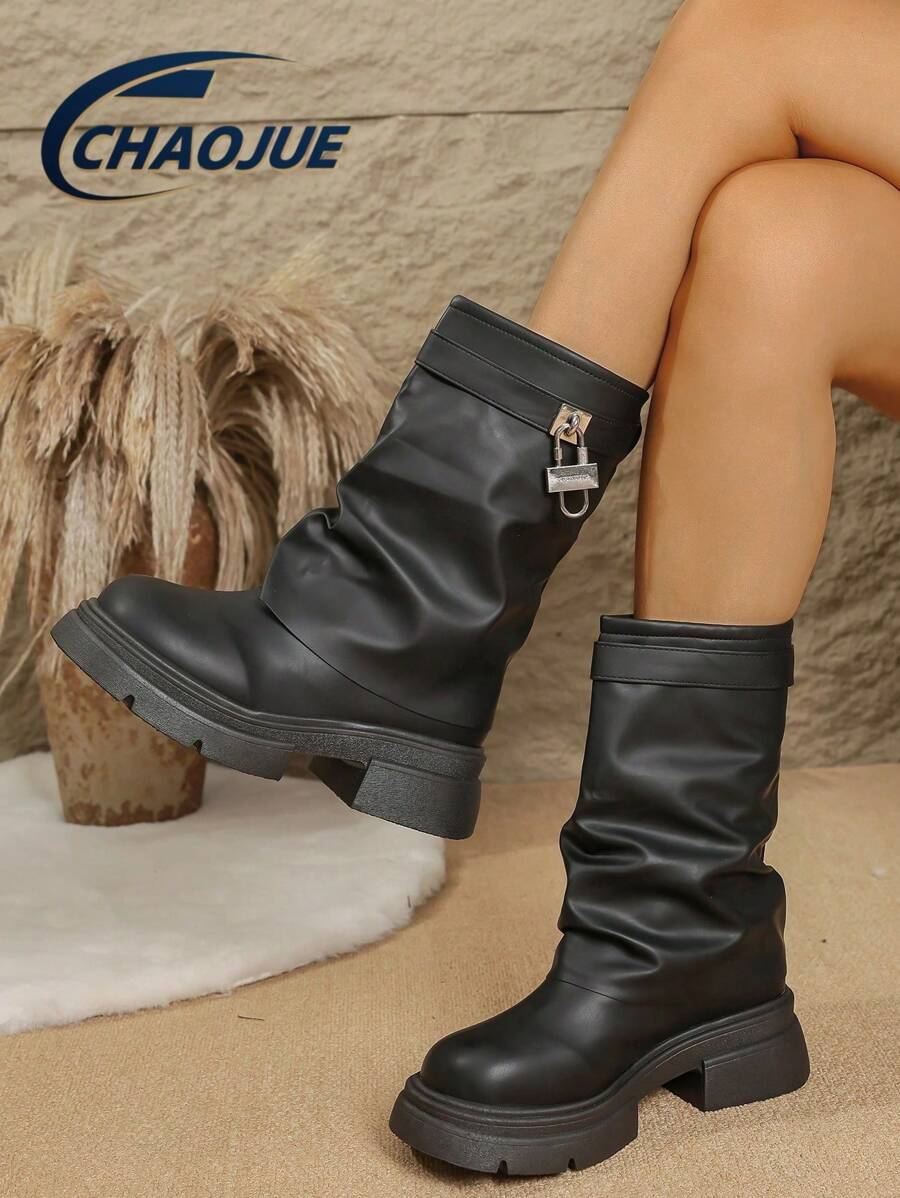 新款女式及膝靴，时尚尖头皮革粗跟及膝靴，适合搭配连衣裙，黑色和白色可选，舒适的西部牛仔翻边靴，百搭英伦风休闲高跟马靴