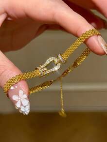 1pc Stainless Steel Milanese Horseshoe Clasp Woven Bracelet, Gold Plated Hollow Strap, Fashion Minimalist Versatile Design - Horseshoe Watch Strap Bracelet - View 9