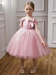 Young Girl Pink Lace Floral Beaded Bow Tulle Party Dress, Elegant Princess Gown Suitable For Girl's Birthday Party, Prom, Wedding Flower Girl - Pink - View 8