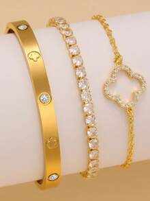 Elegant Shiny Fashion Clover-Shaped Zirconia Inlaid Stainless Steel Zirconia Clover Bracelet Set, Suitable For Daily Wear And As A Gift For Friends