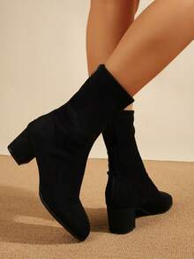 1双方头麂皮高跟踝靴，松紧靴筒，秋冬款 - 黑色 - 查看 2