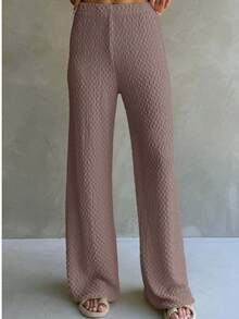 Pantalones anchos de pierna ancha de unicolor y textura casual y versátil - Marrón - Ver 5