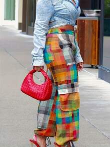 Street Color Contrast Bandage Patchwork Pockets Button Zipper Loose High Waist Wide Leg Patchwork Pants - màu sắc - Xem 3