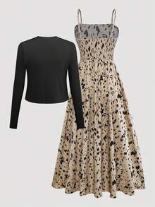 Damen elegantes Leoparden-Muster Trägerkleid mit ausgestelltem Saum & flauschiger Strickjacke Set