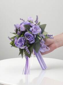 1 szt. Nowy sztuczny bukiet z fioletowych róż, odpowiedni dla druhen, panien młodych, jako rekwizyt do fotografii ślubnej, elegancki, słodki i romantyczny wystrój ślubu