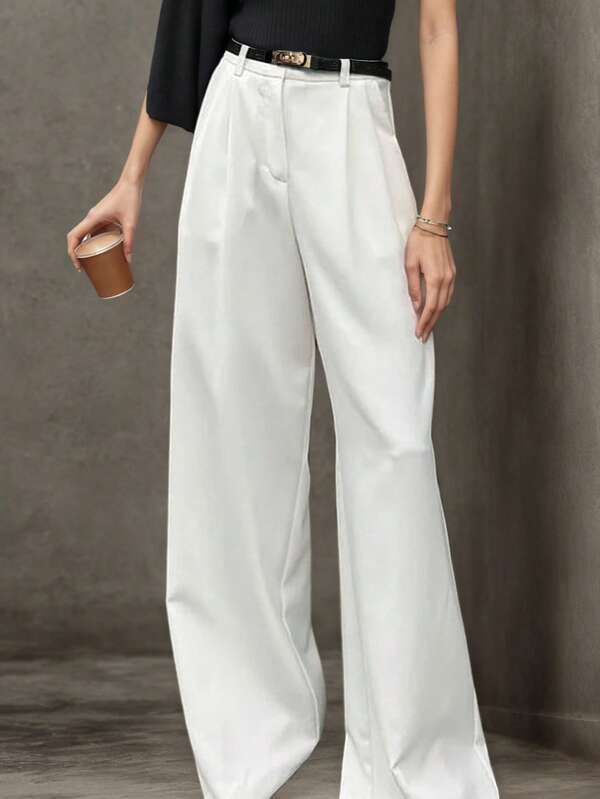 1pc Women's Solid Color Waist Belt Pants, Casual Pockets, White, Suitable For Daily Wear, Autumn/Winter