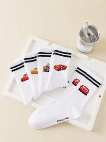 Disney 1/5双装汽车卡通图案中筒袜，运动双条纹，可爱卡通设计，防臭透气休闲百搭船袜，适合学生/成人作为礼物和日常穿着，袜子 - 白色 - 查看 3