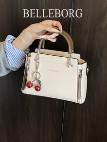 BELLEBORG Lychee Texture Zipper Decor Women Handbag With Pendant - Beige - View 7