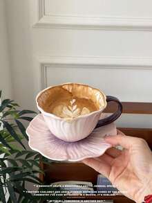 1pc Vintage Dreamy Purple Hibiscus Ceramic Coffee Cup & Saucer, Hand-Painted Underglaze Latte Mug, Gift For Afternoon Tea