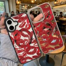 Made From TPU And Magnetic Acrylic, This Transparent Shockproof Case Features Bold Red Lip Prints For A Flirty And Eye-Catching Style. It Offers Full Coverage For The Camera And Buttons, Especially On 16. Available In Multiple Colors. Compatible With 11, 12, 13, 14, 15, And 16 Pro Models-Blending Playful Charm With Reliable Protection. - 黑色 - 查看 1