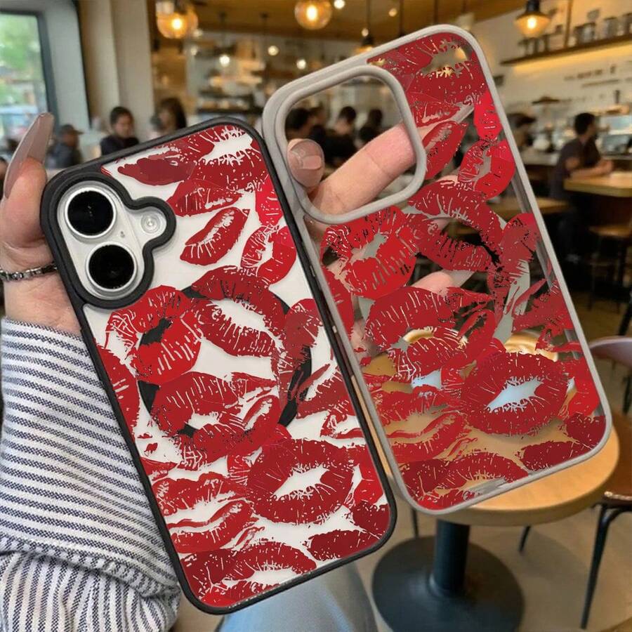 Made From TPU And Magnetic Acrylic, This Transparent Shockproof Case Features Bold Red Lip Prints For A Flirty And Eye-Catching Style. It Offers Full Coverage For The Camera And Buttons, Especially On 16. Available In Multiple Colors. Compatible With 11, 12, 13, 14, 15, And 16 Pro Models-Blending Playful Charm With Reliable Protection. - 黑色 - 查看 1