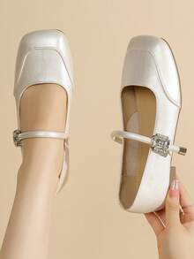 Square Toe Slip-On Flats, Fashion New French Style Versatile Girl Shoes, Soft Sole Retro Mary Jane Loafers - Beige - View 1