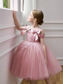 Young Girl Pink Lace Floral Beaded Bow Tulle Party Dress, Elegant Princess Gown Suitable For Girl's Birthday Party, Prom, Wedding Flower Girl - Pink - View 3