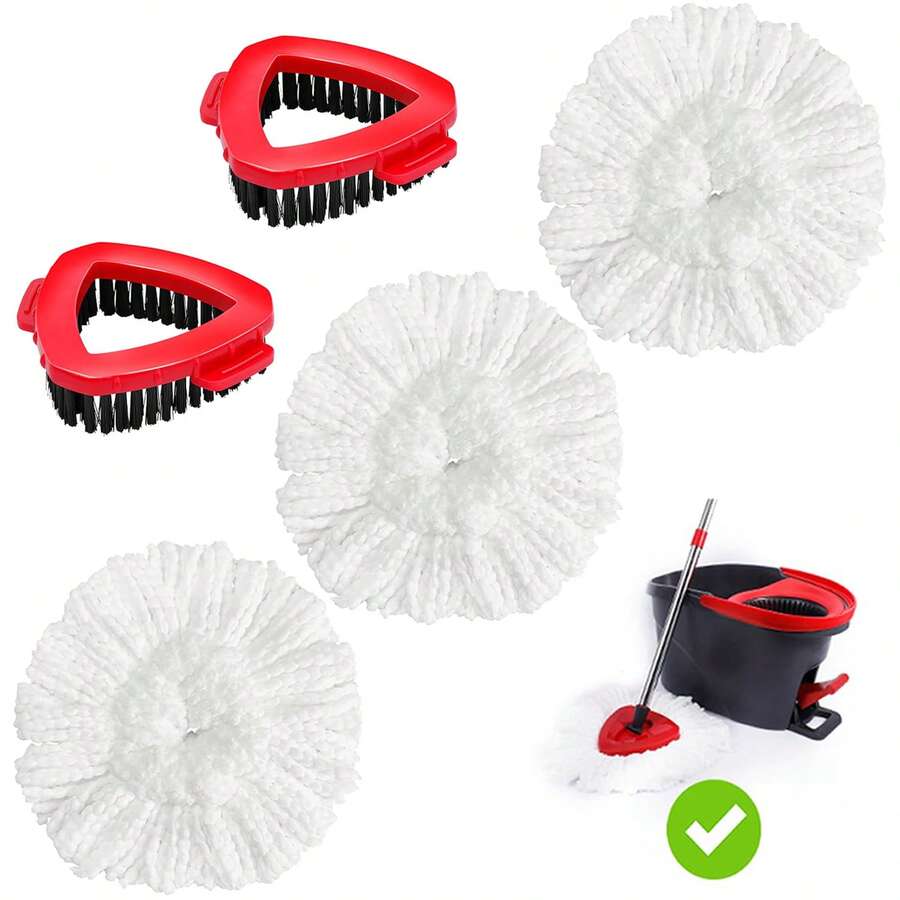 3 Pack Mop Refills & 2 Scrubber Head To Floor Cleaning, Mop Head Replacement Compatiable With O-Cedar EasyWring 1-Tank System,Mircofiber Mop Heads Refill And Scrub Brush For O-Cedar Easywring Spin Mop - 白色 - 查看 1