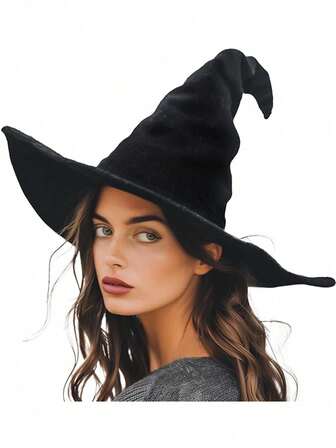 1 件万圣节皱纹女巫帽，天鹅绒巫师帽带弯角，黑色女巫帽，适合角色扮演