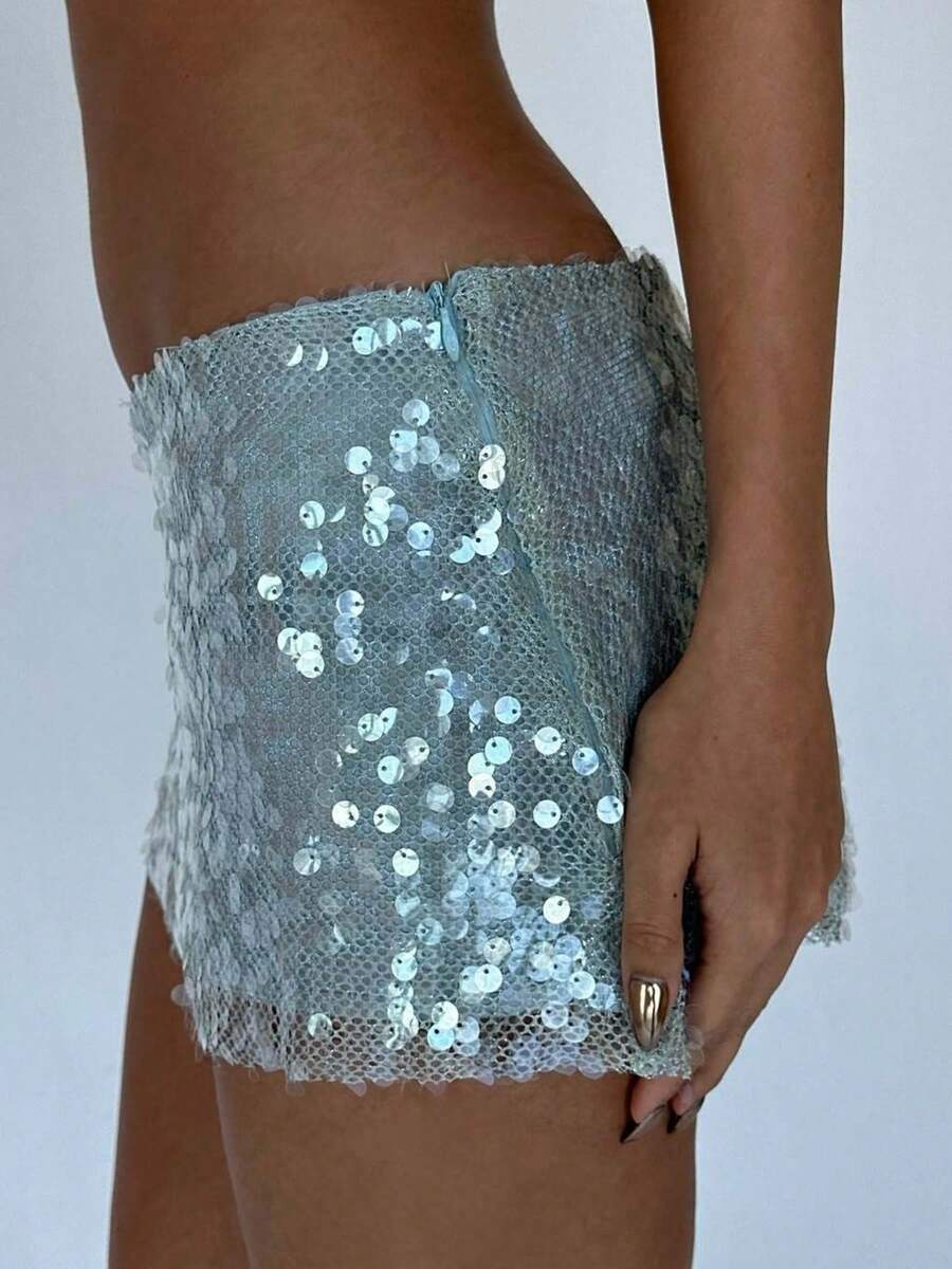 Women Y2K Sequin Mini Skirt Low Waist Sparkle Beaded Glitter Shiny Bodycon Skirt Night Out Party - 藍色 - 查看 1