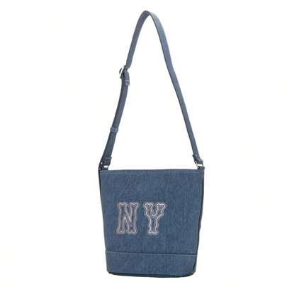 MLB Bolso de cubo de mezclilla con logo grande, bolso de hombro casual para uso diario, viajes, bolsa pequeña 3ABML054N-50INS