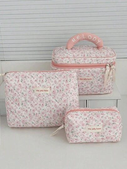 1 件散装粉色灯芯绒印花花卉绗缝女孩化妆包化妆包便携式大容量化妆包带拉链，适用于旅行和度假必需品，用于卫生巾、钥匙、手机、充电器、口红、化妆品、香水、化妆刷架收纳袋，适用于护肤和美容产品，适用于女士、学生、女学生、圣诞节礼物、化妆包、化妆包、旅行必备品、大容量、大化妆包
