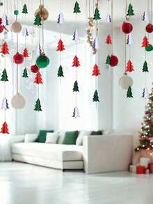 22pcs -Red White Green Christmas Decorations - 22pcs Tissue Paper Flowers Pom Poms Tassel Garland Banner 3D Christmas Tree Paper Streamers Birthday Party Decorations For Home Indoor Outdoor Hanging Decor Home Decor Room Decor Winter