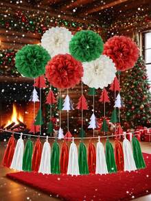 22pcs -Red White Green Christmas Decorations - 22pcs Tissue Paper Flowers Pom Poms Tassel Garland Banner 3D Christmas Tree Paper Streamers Birthday Party Decorations For Home Indoor Outdoor Hanging Decor Home Decor Room Decor Winter