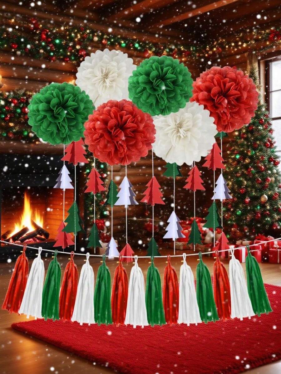 22pcs -Red White Green Christmas Decorations - 22pcs Tissue Paper Flowers Pom Poms Tassel Garland Banner 3D Christmas Tree Paper Streamers Birthday Party Decorations For Home Indoor Outdoor Hanging Decor Home Decor Room Decor Winter