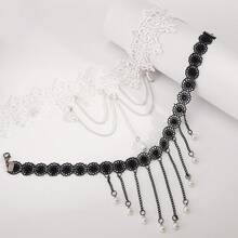 1 PC Dark Retro Imitation Pearl Lace Neck Chain With Stylish Metal Chain And Tassel Necklace - 彩色 - 查看 6