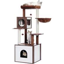 2025 New Arrival:PAWZ Road Moderner Katzenbaum Holz Katzenturm  Aufbewahrungsrank Katzentoilette Gehege und geräumiger Katzenhütte Große obere Sitzstange und Hängematte BeigeL