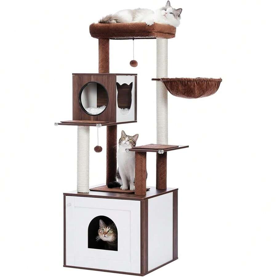 2025 New Arrival:PAWZ Road Moderner Katzenbaum Holz Katzenturm  Aufbewahrungsrank Katzentoilette Gehege und geräumiger Katzenhütte Große obere Sitzstange und Hängematte BeigeL