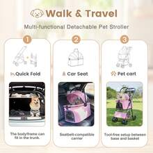 Wedyvko Foldable Dog And Cat Stroller – Lightweight Transport Cart For Dogs And Cats Up To 20 Kg | 3-In-1: Carrying Bag, Car Seat, And Stroller | Breathable Mesh, Cup Holder, And Storage Space | Ideal For Travel, City, Vet Visits, And Outdoor Use - 淺粉色 - 查看 4