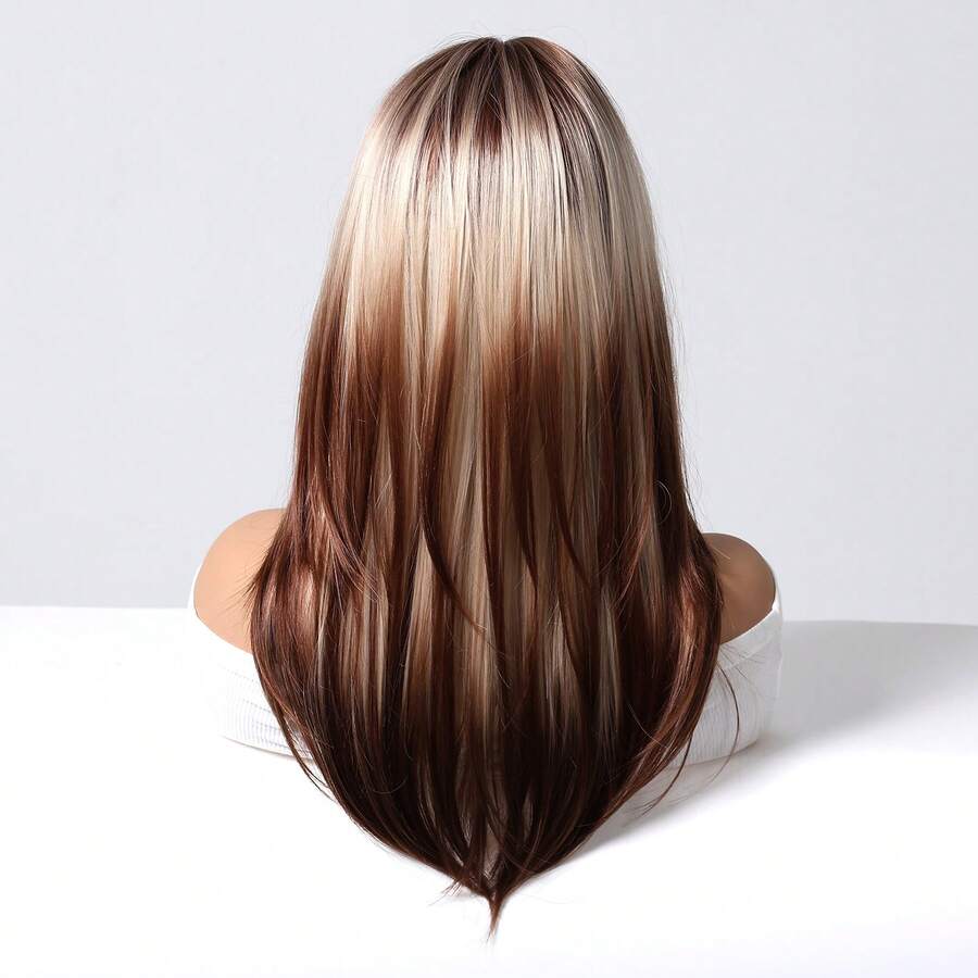 7JHH WIGS 24英寸棕色渐变长直发假发,带刘海,发根颜色较深,采用柔软耐热纤维制成,全蕾丝前额合成分层假发,适合派对、角色扮演、万圣节、音乐节等多种场合。 - 漸層棕色 - 查看 1