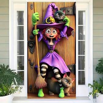 2D 门横幅，1 件绿色女巫和黑猫门横幅 - 耐用聚酯纤维可重复使用万圣节装饰，无需电力，鲜艳的紫色和绿色设计，适合室内/室外使用、生日派对、主题活动和全年庆祝活动、万圣节家居装饰