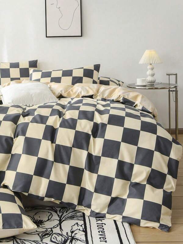 3pcs/Set Chessboard Pattern Duvet Cover Set(1 Duvet Cover & 2 Pillowcase)Soft And Skin-Friendly Duvet Cover Bedding Set For Home, All Season Bed Sheets Set