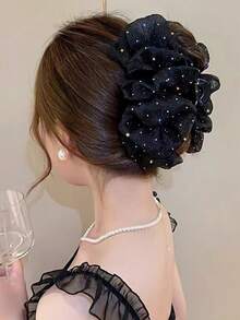 1 pieza Pinza para el cabello con forma de corazón brillante de cielo estrellado para mujer, estilo elegante, puede fijar el cabello, diseño de lazo, pinza de garra para el cabello, accesorio para el cabello - Negro - Ver 11