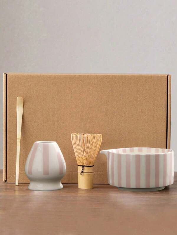 1pc/2pcs/3pcs/4pcs Black Striped Japanese Matcha Tea Set, Includes Matcha Bowl, Matcha Whisk, Matcha Cup, Stirrer, Tea Scoop, Tea Bowl Set, Matcha Preparation, Dessert & Beverage Making Tools, Japanese Gift Box, Songdai Matcha Whisking Set, Gift For Matcha Lovers