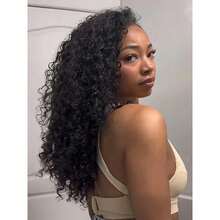 28 INCH Half Wig Human Hair Water Wave Human Hair Glueless Wigs Clip Ins Flip Over Wear Go Wig Invisible Hairline Beginner Friendly - Natural Black - 查看 2