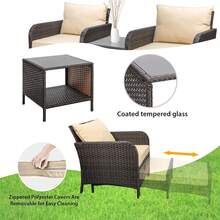 Balcony Furniture 5 Piece Patio Conversation Set, PE Wicker Rattan Outdoor Lounge Chairs With Soft Cushions 2 Ottoman&Glass Table For Porch, Lawn-Brown Wicker - 灰色/淺薄荷色 - 查看 10