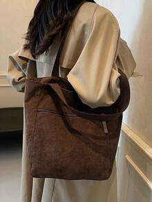 Túi đeo vai tối giản cho nữ, Túi tote vải nhung kẻ, Túi xách nữ có thể gấp gọn dung tích lớn, Túi mua sắm thời trang, Ba lô học sinh - màu nâu - Xem 4