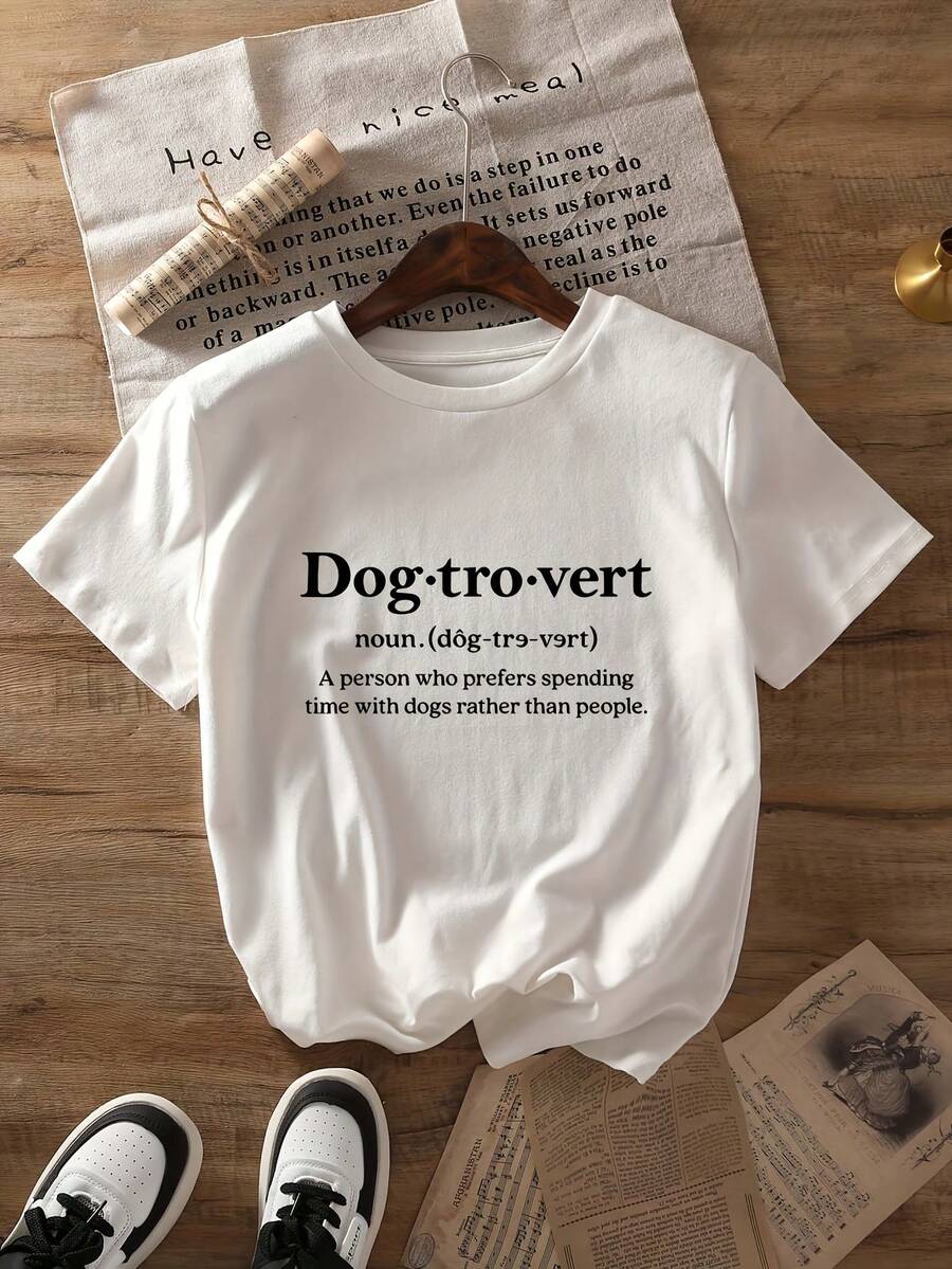 Dog Motif Printed T-Shirt, Short-Sleeved Round Neck Casual Top, Women's Clothing For Spring/Summer. - White - View 1