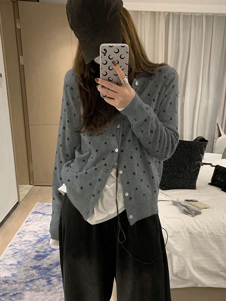 Polka Dot Pattern Vest, Women's Casual Long Sleeve Knit Cardigan, Spring - Dark Grey - View 1