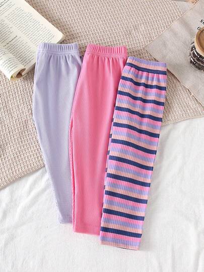 3pcs Girls Casual Ribbed Leggings, Elastic Comfortable Fashion Toddler Pants, Knit Fabric, Regular Fit - Spring/Autumn, Girls Trousers, Suitable For Outdoor