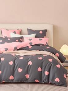 2/3件套，小灰粉爱心，温馨情人节，女士，男生女生，学生，宿舍装扮，四季超柔印花磨毛被套三件套，单人全尺寸大号双人床 - 彩色 - 查看 7