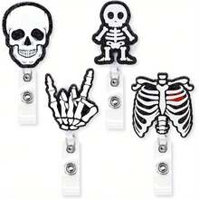 Xray Badge Reels 4PCS Acrylic Skeleton Retractable Badge Holder With Alligator Clip Glitter Rib Skull Patterns ID Badge Clips For Rad Tech Nurse Doctor Student Halloween Christmas Gift Idea - 4PCS - View 2