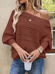 Womens Off Shoulder Sweaters Fall 2025 Oversized Knit Batwing Long Sleeve Crochet Pullover Sweater Tops - Camel - View 3